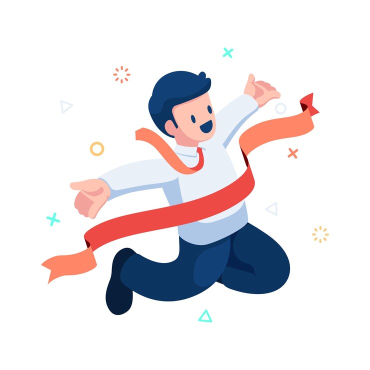 Vector isometric businessman jumping cross the finish line