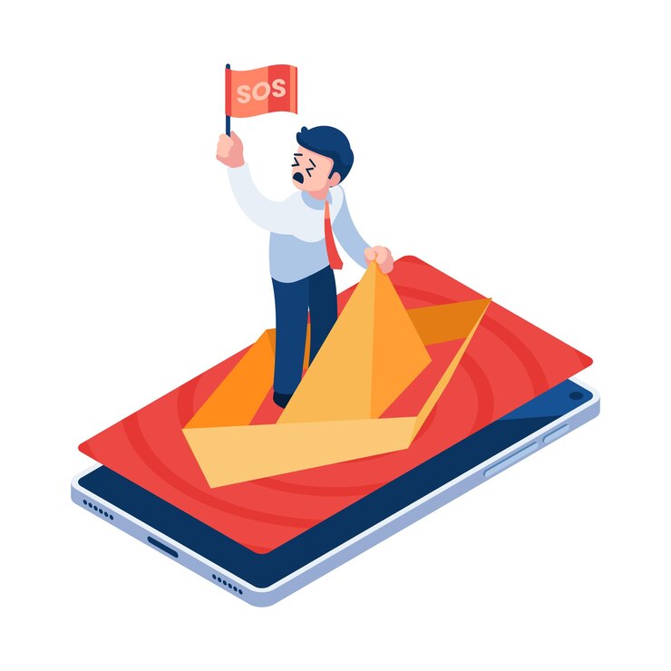 Vector isometric businessman on boat sinking on red ocean market