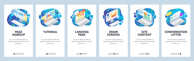 Isometric computer icons landing page and site wireframe Mobile app onboarding screens Menu vector banner template for website and mobile development Web site design flat illustration