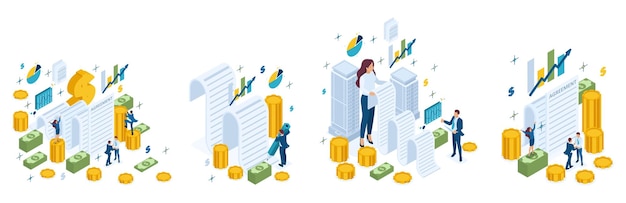 Isometric concept of creating a financial agreement partners conclude an agreement Concept for web design