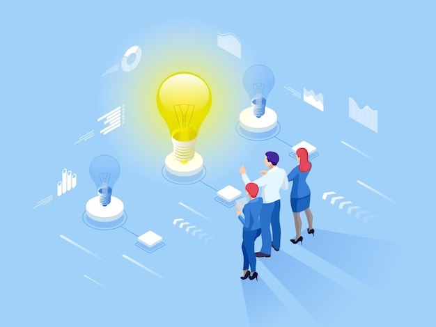 Isometric concept of Idea business meeting and brainstorming start up team in a meeting and creative teamwork