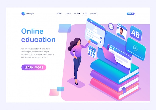 Isometric concept young girl uses the tablet for online learning. Template landing page for website