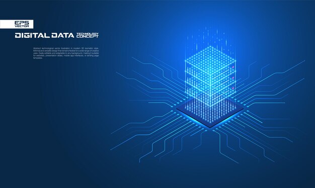 Isometric data cloud server built from a chip on a circuit AI technology network and computer system Futuristic digital center concept Storage database business internet cyber security design