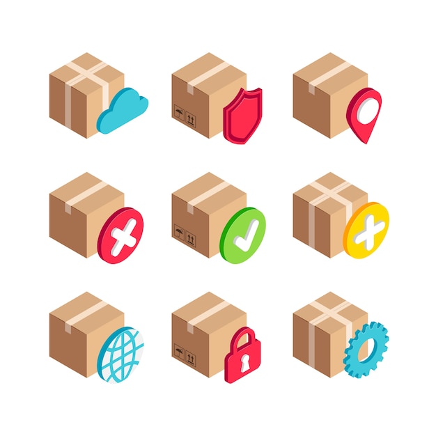 Isometric Delivery Services box icon set. 3d security, map pointer, settings, world, done and cancel symbols with cardboard box. signs for design, infographics, web, mobile app