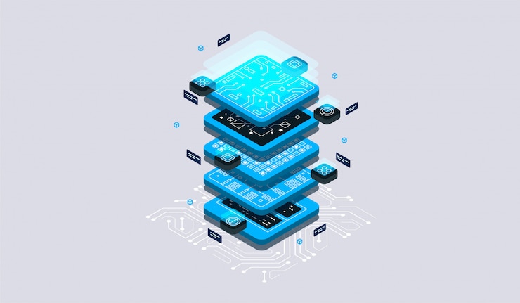 Vector isometric design concept virtual reality and augmented reality. software development and programming. computation of big data center, quantum computer isometric   technology
