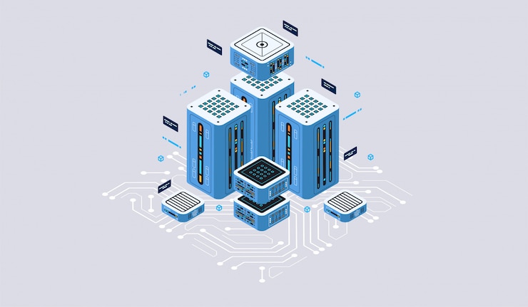 Vector isometric design concept virtual reality and augmented reality. software development and programming. computation of big data center, quantum computer isometric   technology
