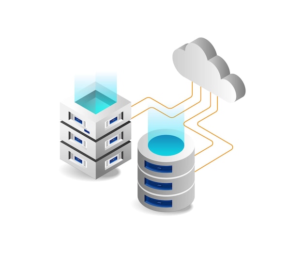 Isometric flat 3d illustration concept of database storage network and cloud server