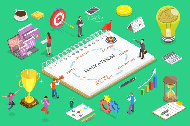 isometric flat vector concept of parts of hackathon which are creativity strategy timing
