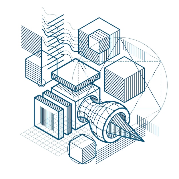 isometric linear abstract vector background, lined abstraction. cubes, hexagons, squares, rectangles and different abstract elements.