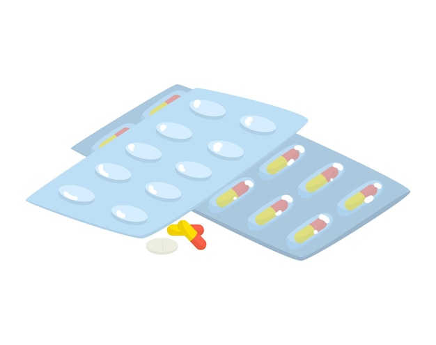 Isometric medication blister packs with pills and capsules health care prescription drugs and
