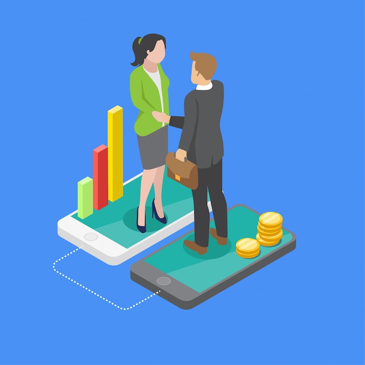 Vector isometric mobile business dealing
