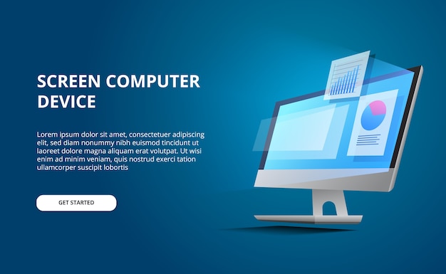  isometric perspective computer desktop with glow screen. display computer with infographic and data visualization pie chart stats with blue background