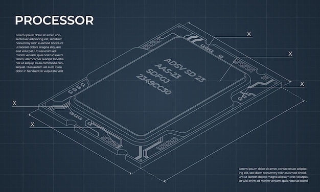 Isometric processor blueprint Central processing unit or CPU Computer hardware components Semiconductor technology concept Vector illustration