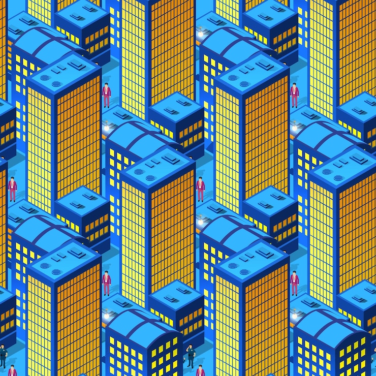Vector isometric seamless city concept of violet style an ultraviolet 3d modern background of urban