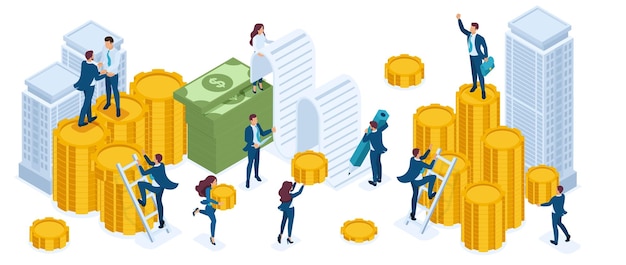 Isometric set of businessmen investors bankers income growth coins cash real estate investment