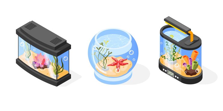 Vector isometric set of glass aquarium and fish bowl with water starfish plants and corals isolated on white illustration