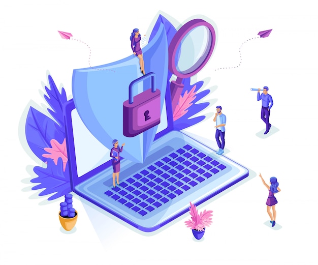 Isometric small people working with a laptop, protecting information from theft