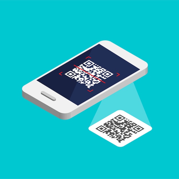 Isometric smartphone with qr code on screen. Process scanning code by phone. Qr label sticker solated