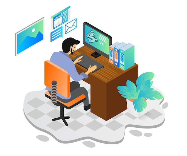 isometric style illustration of a person buying a ticket via computer online