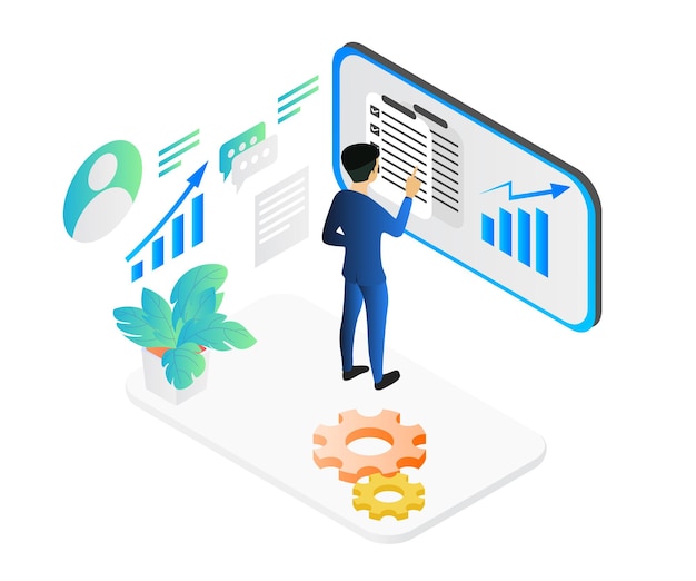 Isometric style illustration of analysis content insight SEO