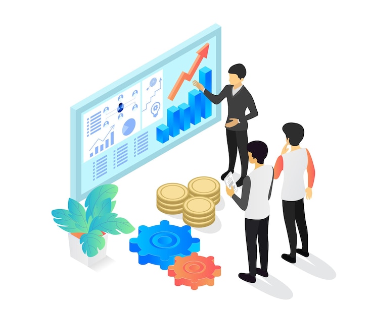 Vector isometric style illustration of business presentation to team