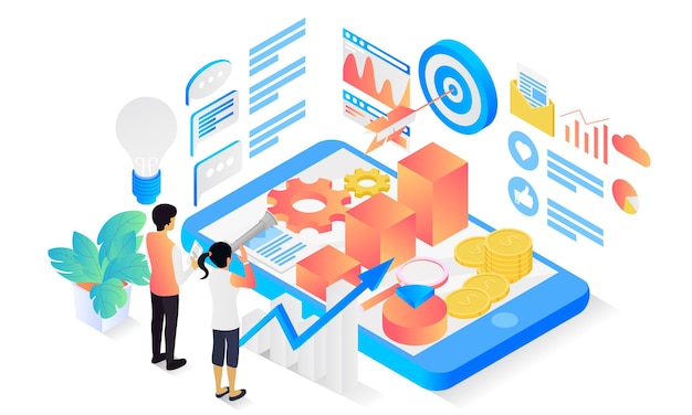 Isometric style illustration of marketing strategy with character and on target