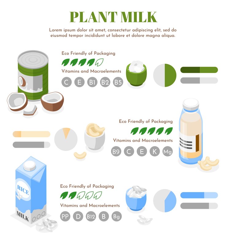 Vector isometric vegan milk infographic template with different types of organic milk and information