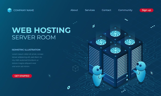 Isometric web hosting landing page concept Concept of server hosting Online computing technology Digital technology website landing page