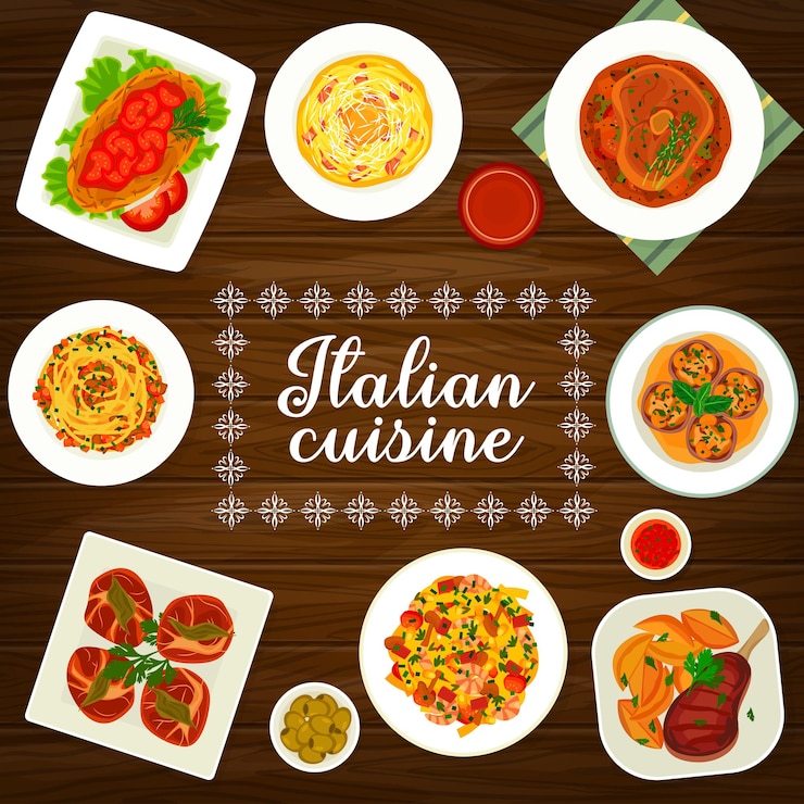 Vector italian cuisine menu, italy restaurant food dishes