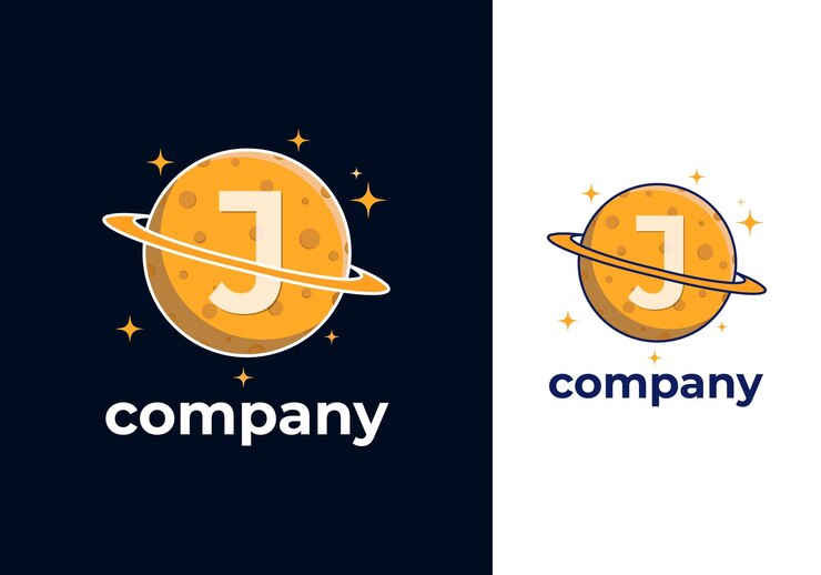 J Letter Planet Logo Design Vector Template Orange Color Saturn Icon with Ring and Letter J Illustration