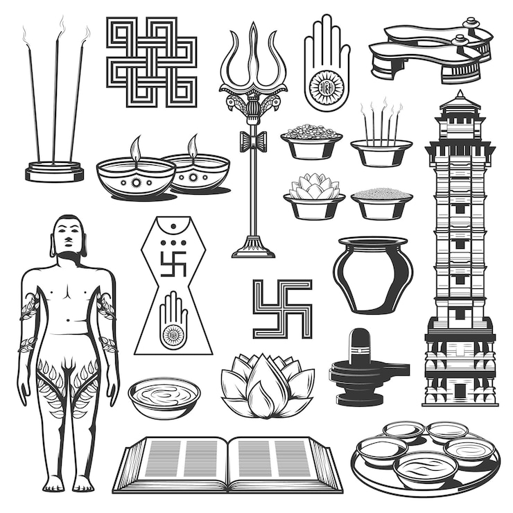 Vector jainism religion jain dharma icons and symbols