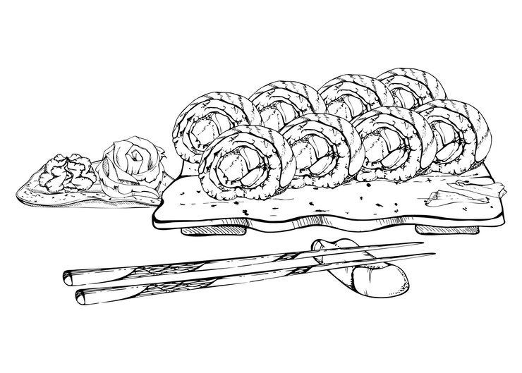 Japanese food sushi roll set on ceramic plate raw fish alaska california rainbow chopsticks wasabi