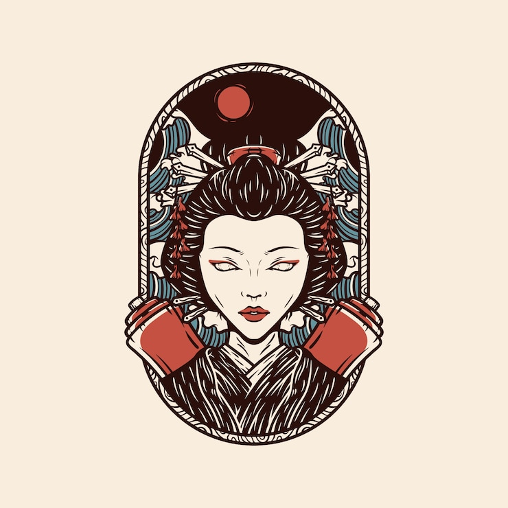 Vector japanese geisha illustration with vintage style