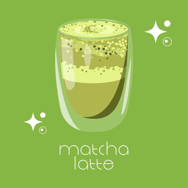 Japanese matcha latte tea glass cup set on green background Matcha Latte