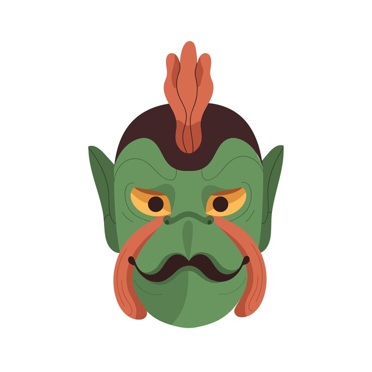 Vector japanese noh mask of karura. traditional kabuki theater face of garudo. japan head. oriental asian theatrical character with beak and crest. flat vector illustration isolated on white background.