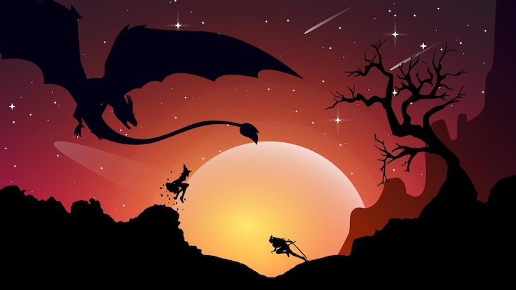 Vector japanese samurai vs witch and dragon. witch against samurai. floating witch walpaper. urban samurai.