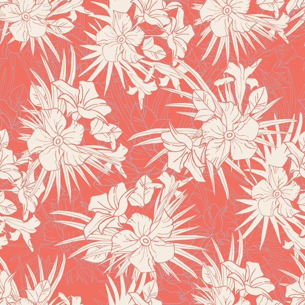 Jasmine flower and palm leaves silhouette seamless pattern for textile scrapbook or wallpaper