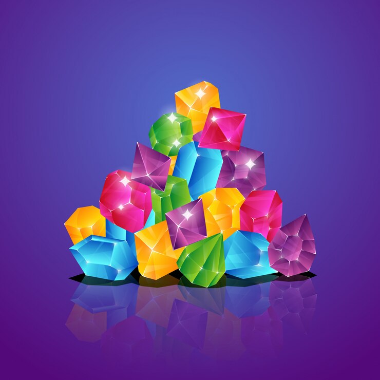 Vector jewels pile. colored diamonds heap gems brilliant piles treasure cartoon illustration