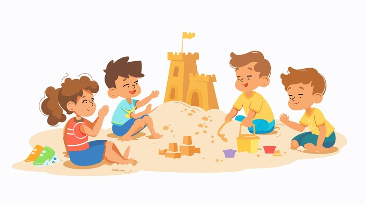 Vector joyful children playing in sandbox vector illustration