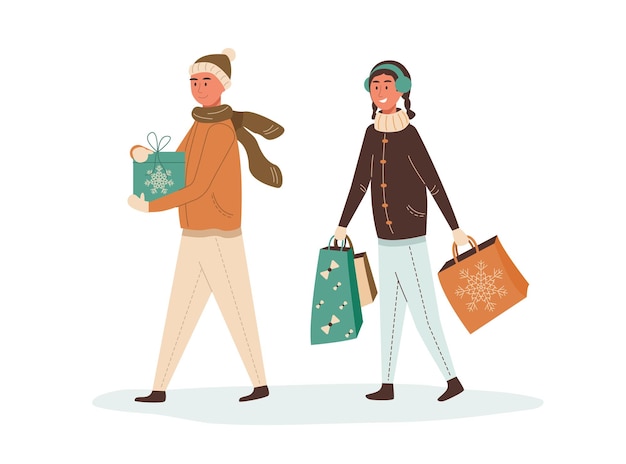 Joyful children teenagers walking outside with gifts for Christmas people with holiday bags vecto
