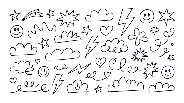 joyful doodle set a collection of whimsical doodles including stars hearts clouds and smiling