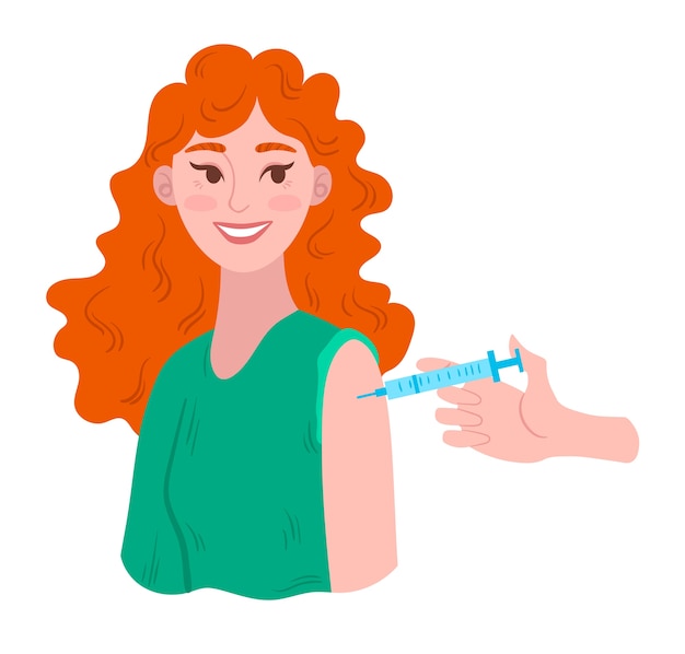 Joyful woman gets vaccine shots, flu prevention, infection protection.