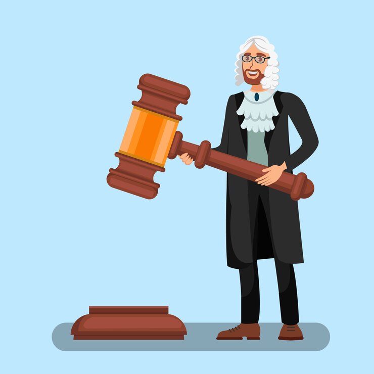 Vector judge in wig holding big gavel