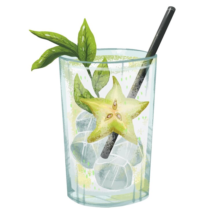 Vector juicy illustration mojito cocktail with mint straw ice fresh delicious alcoholic or non alcoholic with sprite and pear star