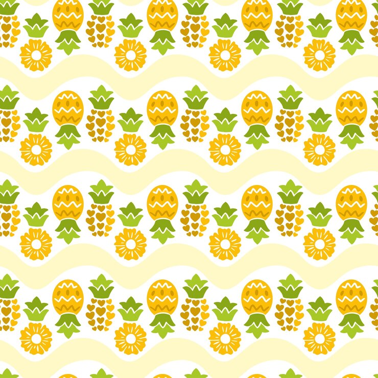 Juicy pineapple on yellow linear background Fun print Summer illustration Vector