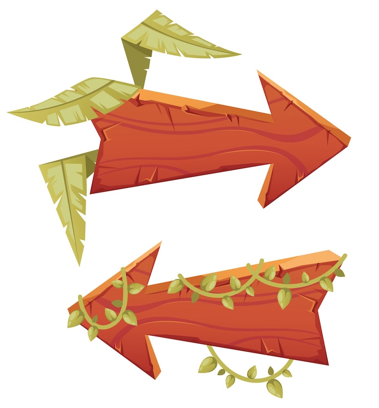 Vector jungle tropical wooden boards arrow pointer isolated set flat cartoon graphic design
