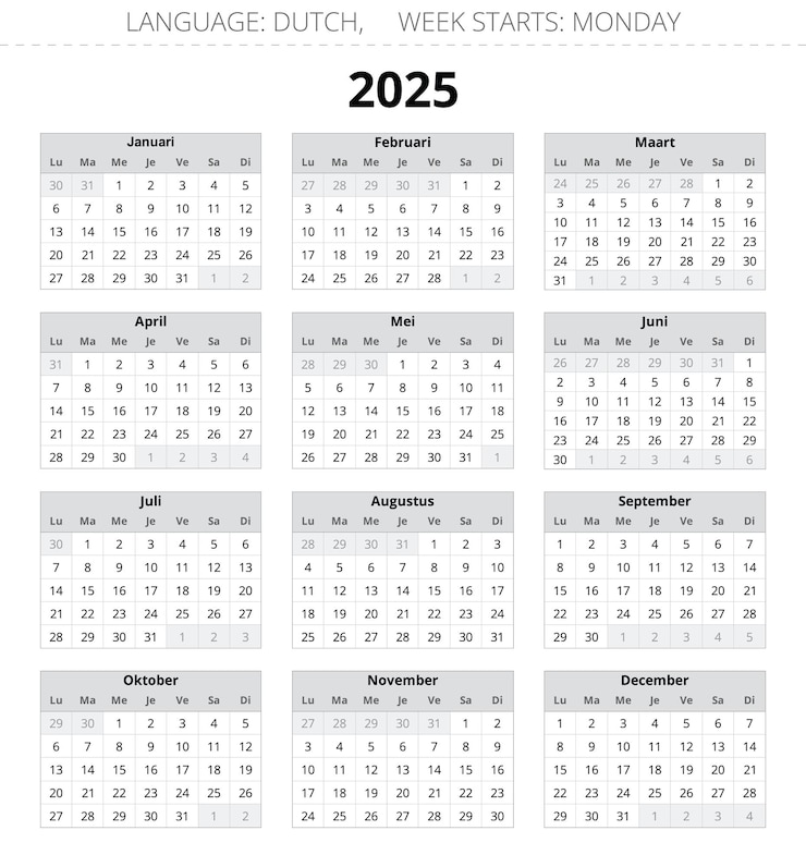 Vector kalender belanda tahun 2025 ilustrasi vektor kalender 12 bulan belanda