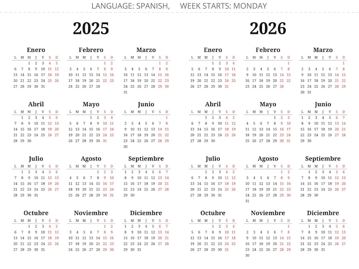 Vector kalender tahun spanyol 2025 dan 2026 set ilustrasi vektor spanyol espanol calendario