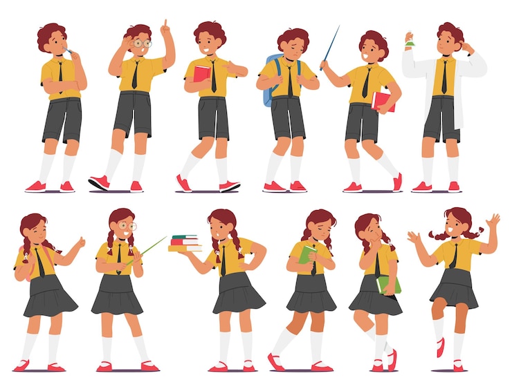 Vector karakter anak sekolah pose dan ekspresi berbeda anak laki-laki dan perempuan bersukacita menunjukkan jempol membawa buku senang atau kesal