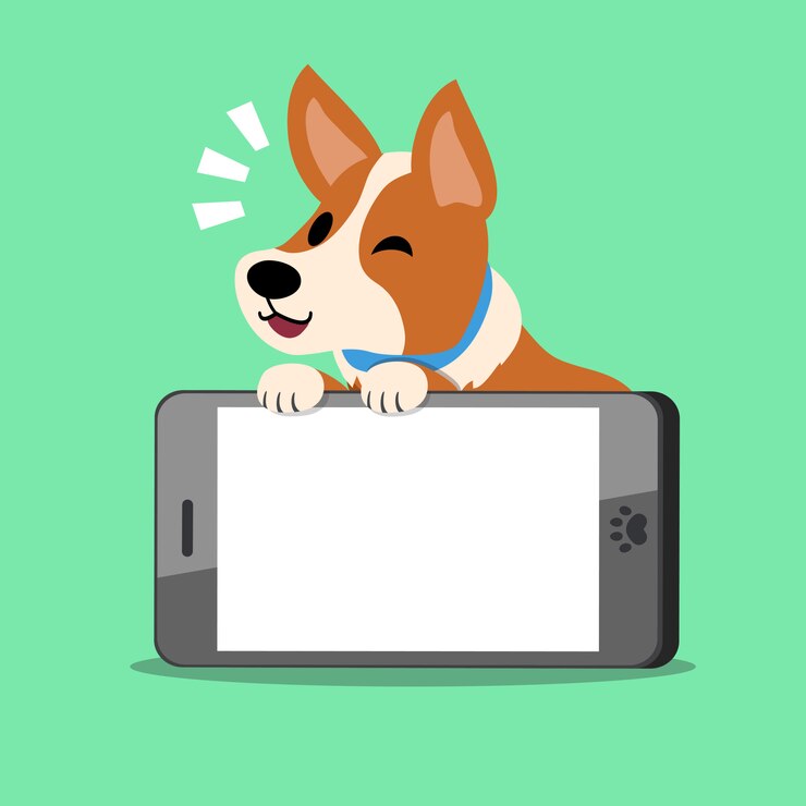 Karakter kartun anjing corgi dan ponsel cerdas besar